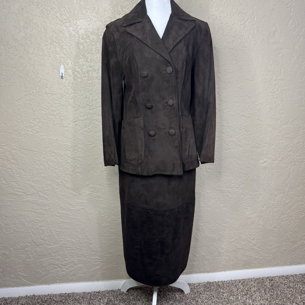 VTG 80s Womens Suede Double-breasted Blazer Skirt Suit Set Chocolate Brown XS/34